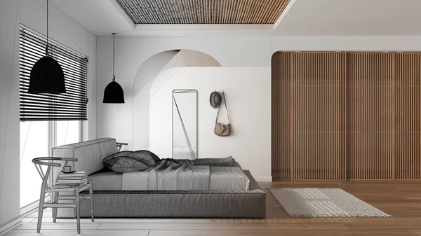인테리어 디자이너 베개와 펜던트 램프와 거울로 침대가 손으로 미완성 프로젝트 — 스톡 사진