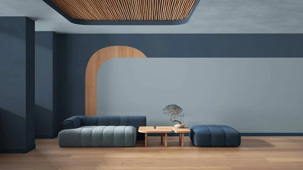 Elegant living room in blue tones, modern sofa and pouf, wooden side table with bonsai, concrete walls with decors. Parquet and cane ceiling. Copy space. Contemporary interior design