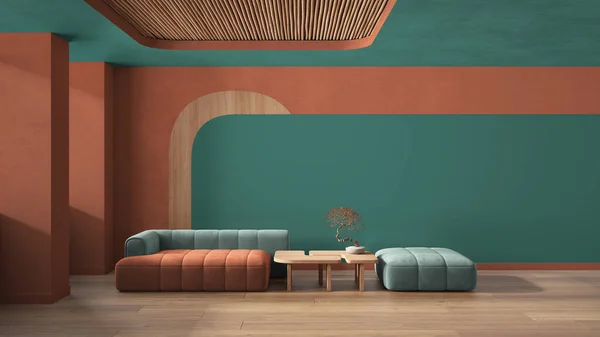 Elegant living room in orange and turquoise tones, modern sofa and pouf, wooden side table with bonsai, concrete walls. Parquet, cane ceiling. Copy space. Contemporary interior design