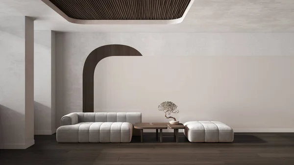 Elegant living room in dark tones, modern sofa and pouf, wooden side table with bonsai, concrete walls with decors. Parquet and cane ceiling. Copy space. Contemporary interior design