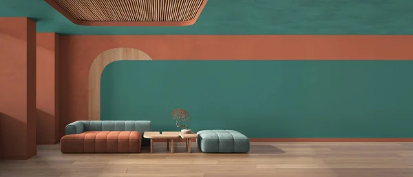 ターコイズとオレンジの色調でエレガントなリビングルームのパノラマビュー ソファとPouf テーブル コンクリート壁 寄木と杖の天井 コピースペース 現代的なインテリアデザイン — ストック写真