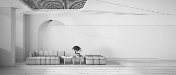 Niedokończony Projekt Panoramiczny Widok Elegancki Salon Sofę Puf Stół Bonsai — Zdjęcie stockowe