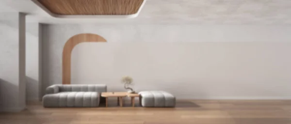 Rozmazané Pozadí Panoramatický Výhled Elegantní Obývací Pokoj Pohovka Pouf Stůl — Stock fotografie