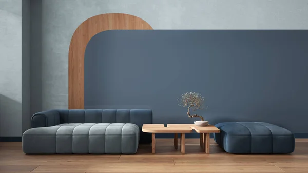 Elegant living room close up in blue tones, modern sofa and pouf, wooden side table with bonsai, concrete walls with decors. Parquet floor. Copy space. Contemporary interior design