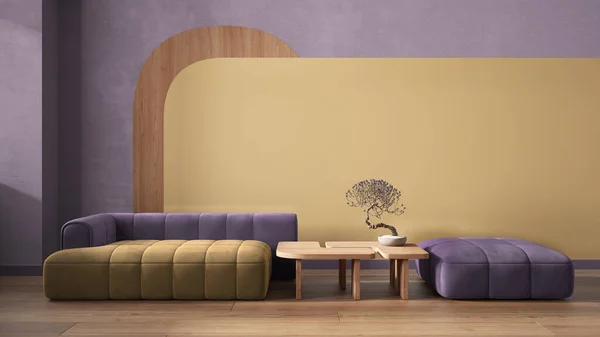 Elegant living room close up in yellow and purple tones, sofa and pouf, wooden side table with bonsai, concrete walls decors. Parquet floor. Copy space. Contemporary interior design