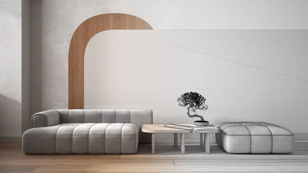 Architect interior designer concept: hand-drawn draft unfinished project that becomes real, living room close up, sofa and pouf, table with bonsai, concrete walls. Parquet. Copy space