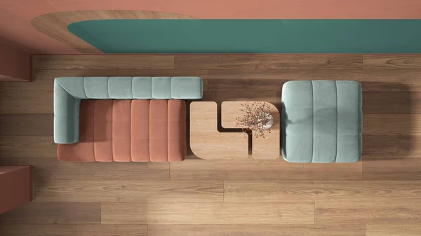 Elegant living room in turquoise and orange tones, modern sofa and pouf, wooden table with bonsai, concrete walls. Parquet floor. Top view, plan, above, contemporary interior design