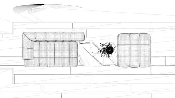 Návrh Projektu Elegantní Obývací Pokoj Pohovka Pouf Dřevěný Stůl Bonsai — Stock fotografie