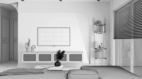 未完成のプロジェクトの草案 近代的な木製のリビングルーム サイドテーブル付きのベルベットのソファ テレビとのコモード 書籍や装飾付きのはしご棚 ブラインド付きの窓 インテリアデザイン — ストック写真