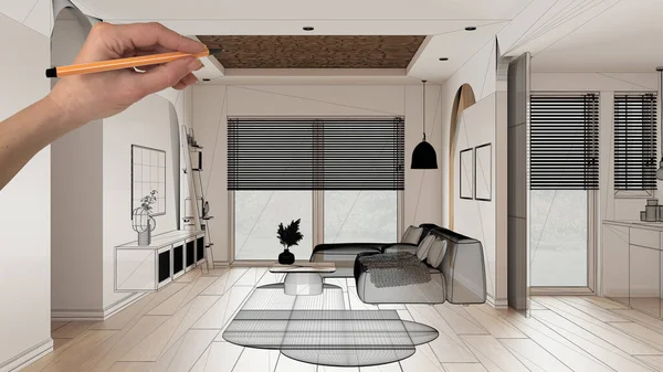 응접실 손으로 스케치 소파와 현대식 거실의 청사진 아이디어 — 스톡 사진