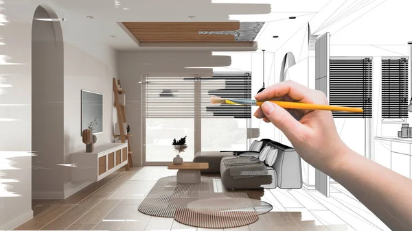 Proje taslağı, modern oturma odasının taslağı, el boyası iç dekorasyon fikri, parke döşeme, kadife kanepe ve halı, jaluzili pencere, özel mobilya