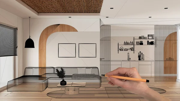 空旷的白色室内装饰 手绘定制建筑设计 黑色水墨画 带沙发和厨房的现代客厅蓝图 背景理念 — 图库照片