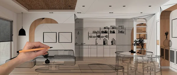 中空的白色室内装饰 手绘定制建筑设计 黑色墨水草图 展示现代生活的蓝图 餐厅和厨房 全景背景理念 — 图库照片