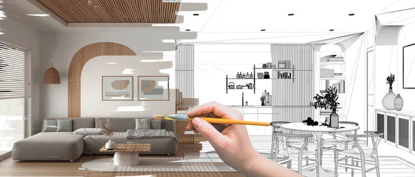 Blaupause Projektskizze Panorama Skizze Eines Modernen Wohn Und Esszimmers Handbemalte — Stockfoto