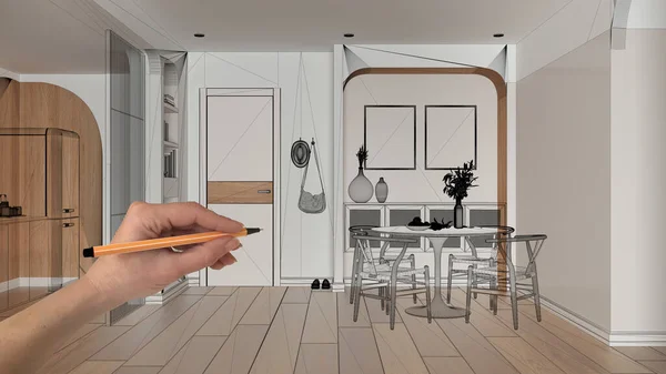 寄木の床と空の白いインテリア 手描きカスタム建築デザイン 黒インクのスケッチ テーブルと椅子と現代的なダイニングルームを示す青写真 背景概念のアイデア — ストック写真