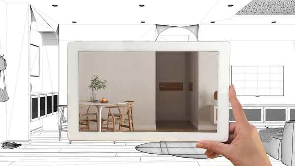 Концепция Дополненной Реальности Ручной Планшет Приложением Имитации Мебели Дизайне Индивидуальной — стоковое фото