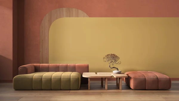 Elegant Living Room Close Orange Tones Modern Sofa Pouf Wooden Stock Photo