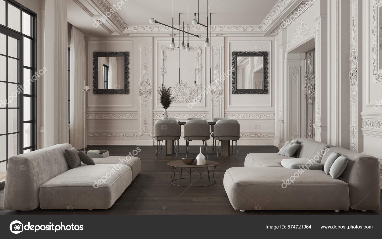 by　Stock　Furniture　Minimalist　Table　Dark　Classic　Room　Dining　Apartment　Photo　Tones　Living　©ArchiVIz　574721964