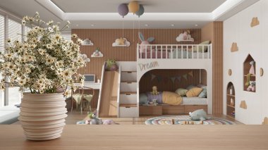 Ahşap masa ya da çömlek vazosu ve papatya, yabani çiçekler, modern çocukların yatak odasının üzerinde ranza, sandalye ve oyuncaklar, minimalist iç tasarım konsepti.