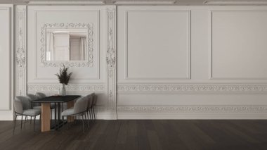 Klasik dairede modern mobilyalar koyu tonlarda, yemek odası, modern masa ve sandalyeler. Parke ve alçı kaplı duvarlar. Fotokopi alanı olan bir arkaplan. İç tasarım fikri