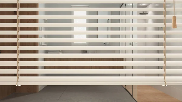 White venetian blinds close up view, over modern wooden bathroom with shower and washbasin, interior design, privacy concept