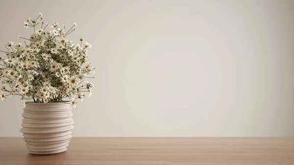 Plateau Étagère Bois Avec Vase Poterie Avec Marguerites Fleurs Sauvages — Photo