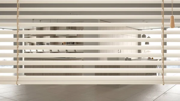 White venetian blinds close up view, over modern kitchen with cabinets and island with stools, sink, hob and shelves, interior design, privacy concept