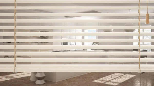 White venetian blinds close up view, over modern kitchen with cabinets and island with stools, oven and pendant lamps, interior design, privacy concept