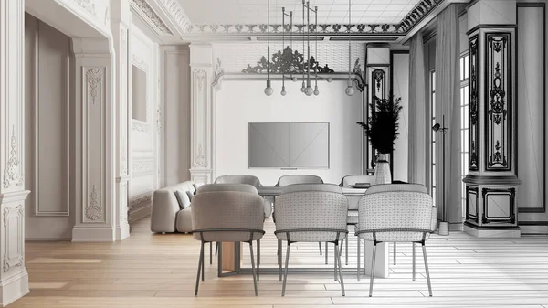 Architect interior designer concept: hand-drawn draft unfinished project that becomes real, living and dining room with table and armchairs and sofa. Plaster molded walls and parquet