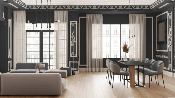 Minimalistisch Meubilair Klassiek Appartement Grijze Tinten Woon Eetkamer Met Tafel — Stockfoto
