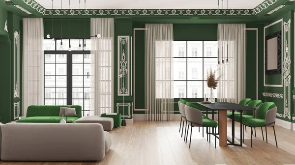 Minimalist furniture in classic apartment in green tones, living and dining room with table and armchairs, sofa, lamps. Plaster molded walls and parquet. Baroque interior design