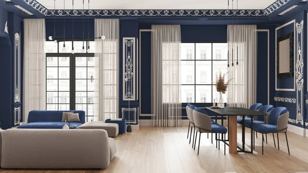 Mobilier Minimalist Apartament Clasic Tonuri Albastre Living Sufragerie Masă Fotolii — Fotografie, imagine de stoc
