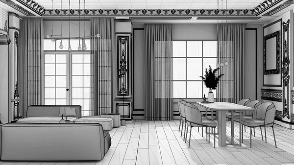 Niedokończony Projekt Minimalistyczne Meble Klasycznym Mieszkaniu Salon Jadalnia Stołem Fotelami — Zdjęcie stockowe
