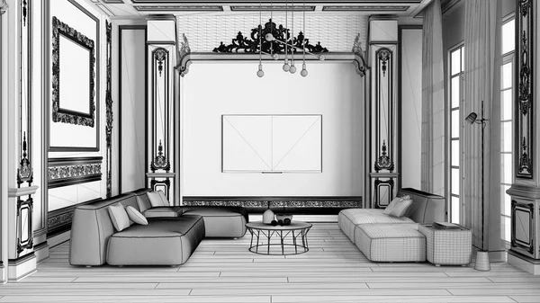 Niedokończony Projekt Nowoczesne Meble Klasycznym Mieszkaniu Salon Stołem Fotelami Sofa — Zdjęcie stockowe