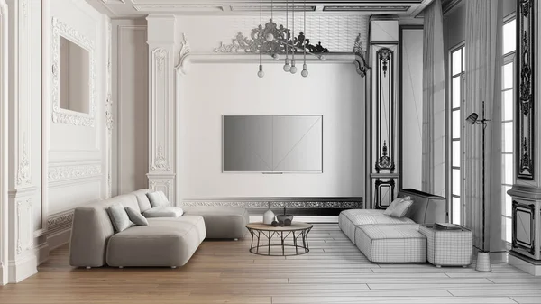 Architect interior designer concept: hand-drawn draft unfinished project that becomes real, living room with table and armchairs, sofa, table, lamps. Plaster molded walls, parquet