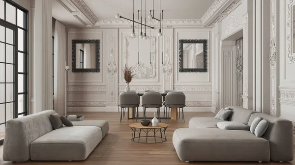 Minimalist furniture in classic apartment in white tones, living and dining room with table and armchairs, sofa, lamps. Plaster molded walls and parquet. Baroque interior design