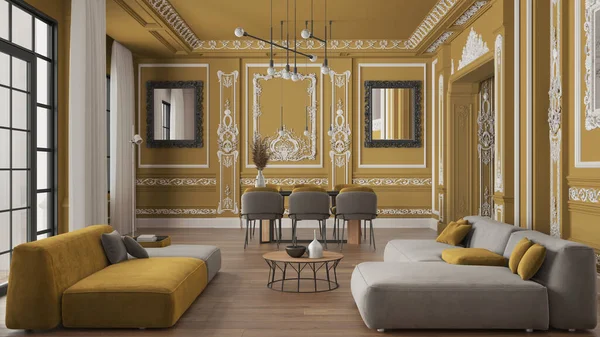 Minimalist furniture in classic apartment in yellow tones, living and dining room with table and armchairs, sofa, lamps. Plaster molded walls and parquet. Baroque interior design