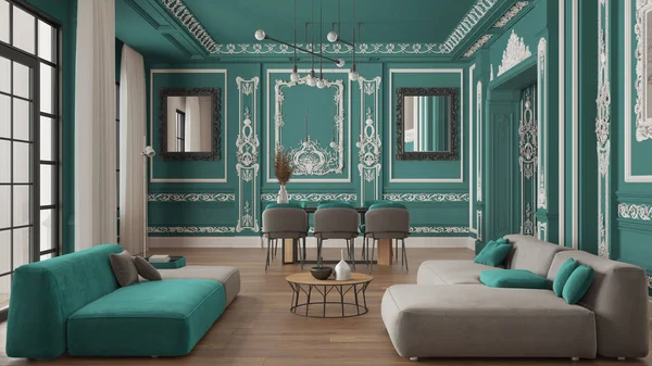 Minimalist furniture in classic apartment in turquoise tones, living and dining room with table and armchairs, sofa, lamps. Plaster molded walls and parquet. Baroque interior design