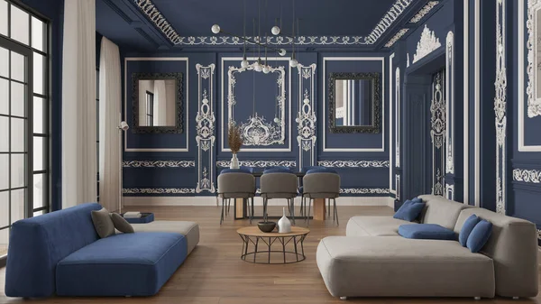 Minimalist furniture in classic apartment in blue tones, living and dining room with table and armchairs, sofa, lamps. Plaster molded walls and parquet. Baroque interior design