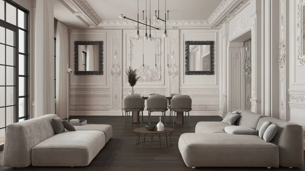 Minimalist furniture in classic apartment in dark tones, living and dining room with table and armchairs, sofa, lamps. Plaster molded walls and parquet. Baroque interior design