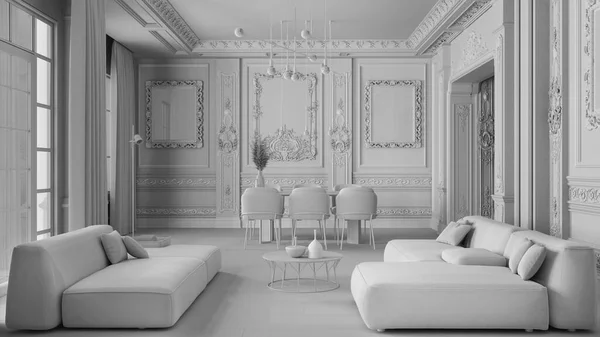 Całkowity Projekt Biały Minimalistyczne Meble Klasycznym Mieszkaniu Salon Jadalnia Stołem — Zdjęcie stockowe