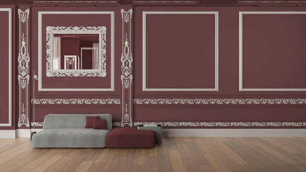 赤のトーンで古典的なアパートの近代的な家具 リビングルーム 現代のソファとPoufs 寄木細工や石膏成形壁 背景をコピースペースで モックアップします インテリアデザインのアイデア — ストック写真