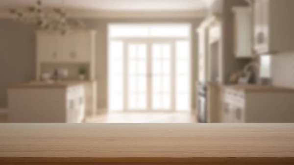 Empty Wooden Table Desk Shelf Blurred View Classic Kitchen Cabinets — Stock Photo, Image