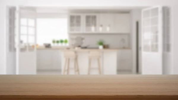 Mesa Madera Vacía Escritorio Estante Con Vista Borrosa Cocina Blanca — Foto de Stock