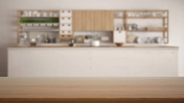 Mesa Madera Vacía Escritorio Estante Con Vista Borrosa Cocina Blanca — Foto de Stock