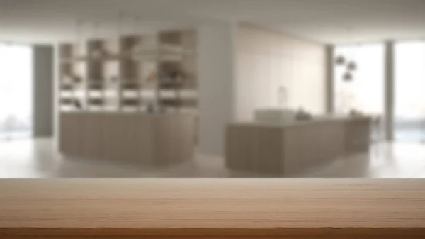 空荡荡的木制桌子 书桌或货架 视线模糊 有岛屿 橱柜和货架的简约厨房 现代室内设计理念 — 图库照片