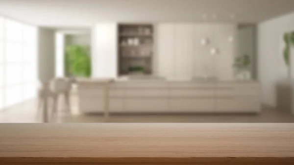 Lege Houten Tafel Bureau Plank Met Wazig Uitzicht Minimalistische Keuken — Stockfoto