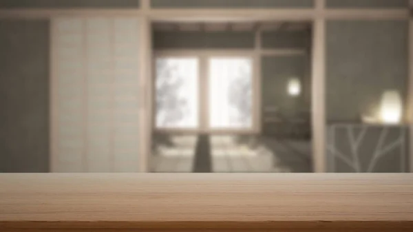 Empty Wooden Table Desk Shelf Blurred View Eastern Living Room — Stock Photo, Image