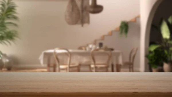 Empty Wooden Table Desk Shelf Blurred View Contemporary Dining Room — Stock Photo, Image