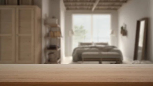 Boş Ahşap Masa Masa Raf Modern Yatak Odası Görüşü Bulanık — Stok fotoğraf